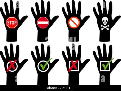 set of hand silhouettes with symbols, vector Stock Vector