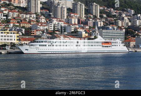 Cruise ship La Belle de l'Adriatique moored in Dubrovnik port, Croatia. French cruise line Croisimer (Croisieurope), ocean coastal Adriatic cruises Stock Photo