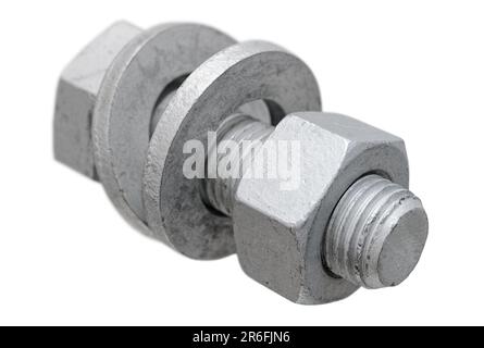 Hardware, set of bolt, nut and two washers, isolated on white background Stock Photo