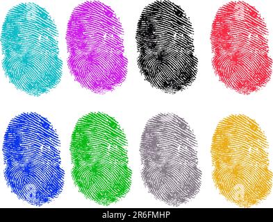 8 Colored Vector Fingerprints - Very accurately scanned and traced ( Vector is transparent so it can be overlaid on other images, vectors etc.) Stock Vector