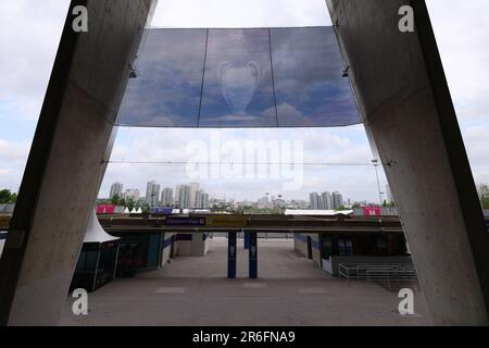 Ataturk Olympic Stadium, Istanbul, Turkey. 9th June, 2023. Press conference, training and pre match ahead of the UEFA Champions League Final match between Manchester City and Inter Milan; A Champions League banner is on display Credit: Action Plus Sports/Alamy Live News Stock Photo