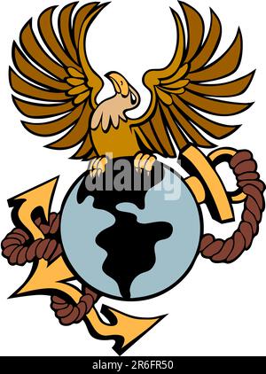 Phoenix bird with globe anchor isolated on a white background. Stock Vector