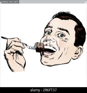 Vintage 1950s etched-style man taking a bite of..something!  Detailed black and white from authentic hand-drawn scratchboard includes full coloriza... Stock Vector