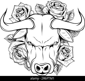 vector illustration of monochrome bull with rose Stock Vector