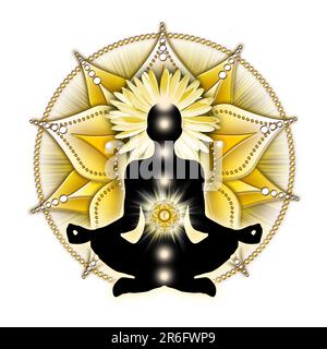 Solar plexus chakra meditation in yoga lotus pose, in front of Manipura chakra symbol. Peaceful decor for meditation and chakra energy healing. Stock Photo