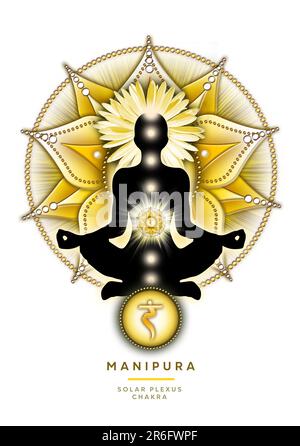 Solar plexus chakra meditation in yoga lotus pose, in front of Manipura chakra symbol. Peaceful decor for meditation and chakra energy healing. Stock Photo