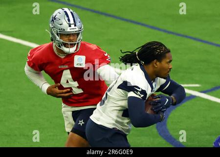 Running back (23) Rico Dowdle of the Dallas Cowboys warms up before playing  against the Los Angeles Rams in an NFL football game, Sunday, Oct. 9, 2022,  in Inglewood, Calif. Cowboys won