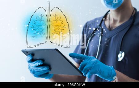 Medical doctor using advance technology big data visual display computer touch screen overlay in Science research Lab. Stock Photo