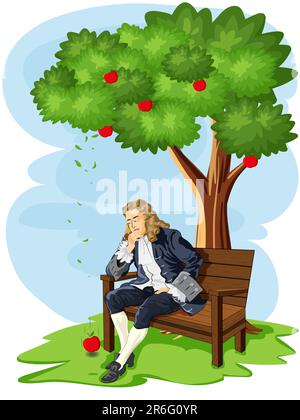 1600s ENGRAVING OF SIR ISAAC NEWTON AS YOUNG MAN SITTING UNDER APPLE TREE  PONDERING DROPPING APPLE AND GRAVITY Stock Photo - Alamy