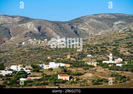 Griechenland, Dodekanes, Insel Kassos, die Dörfer Panagia (vorne) und die ehemalige Inselhauptstadt Poli Stock Photo