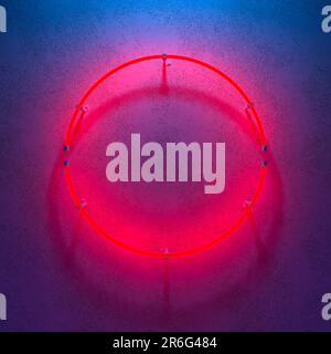 Round neon sign. Geometric glowing lines. Abstract background with copy space. 3d illustration. Stock Photo