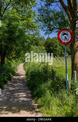 Hiking trail with traffic signs: prohibited cars and motorcycles in Dutch nature reserve Bemelerberg, forbidden access, abundant leafy trees and wild Stock Photo