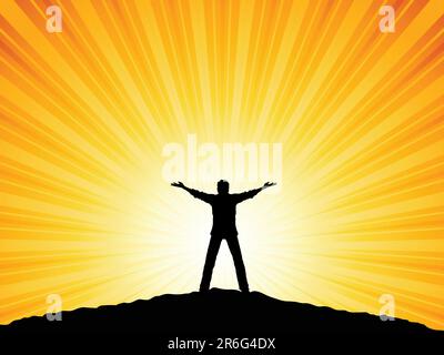 Silhouette of a man with his arms raised to the sky Stock Vector