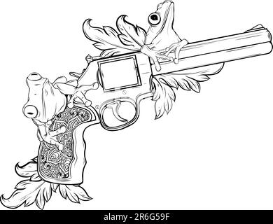 vector illustration of Monochrome Revolver with frog and flowers Stock Vector