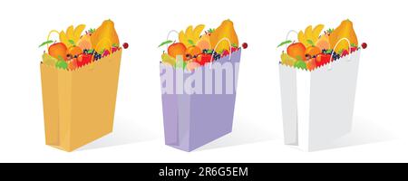 Paper bag full of fruits. Bag in three versions of color. All fruits complete. No gradient fills. Easy to customize colors and to rearrange elements. Stock Vector