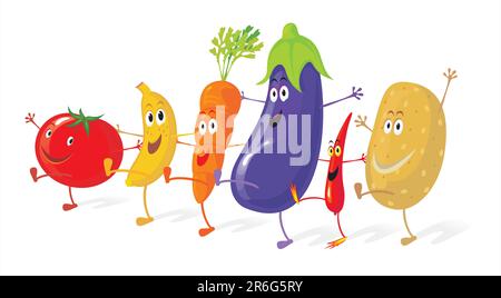 Funny group of vegetables enjoying a dance.  No gradient vector. Easy to create new scenes by moving a few elements. Stock Vector