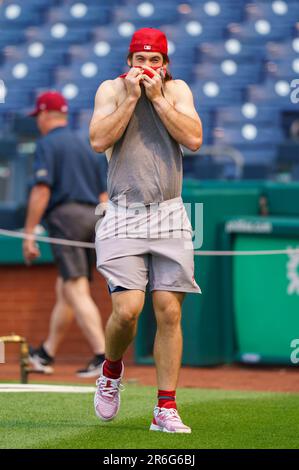 Philadelphia Phillies' Brandon Marsh tosses his wet hair up prior to a  baseball game against the Boston Red Sox, Friday, May 5, 2023, in  Philadelphia. (AP Photo/Chris Szagola Stock Photo - Alamy