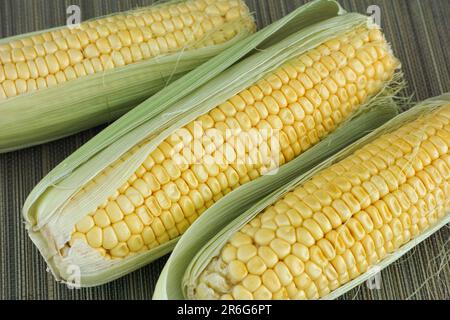 Three corn cobs with the husk lying on a mat. Close up. Stock Photo