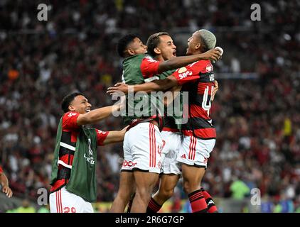 Wesley Franca (R) of Flamengo celebrates a goal during the Copa