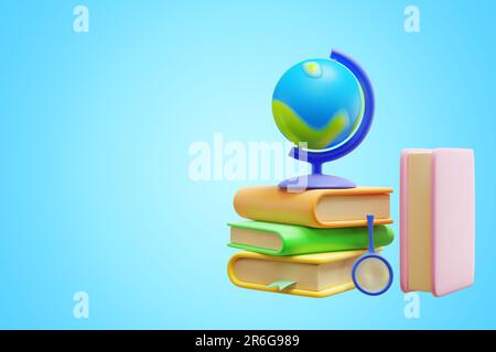 Globe on stack of books isolated on blue background.3d rendering Stock Photo