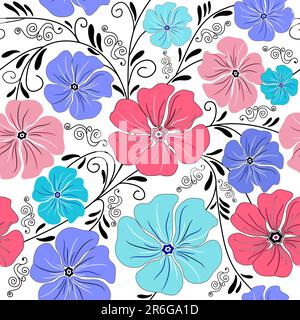 Seamless floral pattern with handwork curls and flowers (vector) Stock Vector