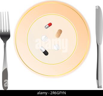 Vector illustration of nutritional care represented by a few pills serving on the plate Stock Vector
