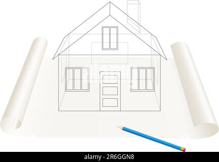 Abstract transparent house sketch drawing with pen on a paper roll Stock Vector