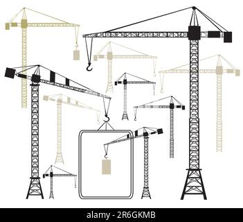 Illustration with cranes. Construction work site. File included editable Eps v8 and 300 dpi JPG Stock Vector