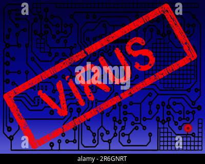 Dark Blue Circuit Board with virus alert on it. Stock Vector