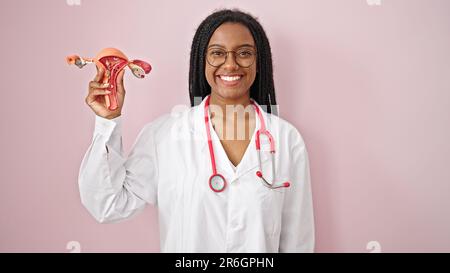 African american woman doctor holding anatomical model of uterus over isolated pink background Stock Photo