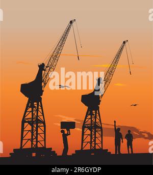 Silhouette of harbour workers and port cranes at sunset sky Stock Vector