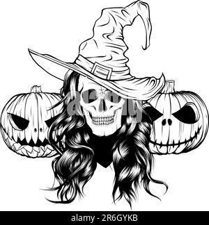 Monochrome Halloween pumpkin with skulls, vector illustration art Stock Vector