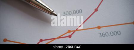 Silver pen on documents with colourful graphs with intersecting lines Stock Photo