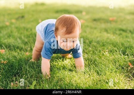 Adorable red haired baby boy crawling on fresh green grass in summer park Stock Photo