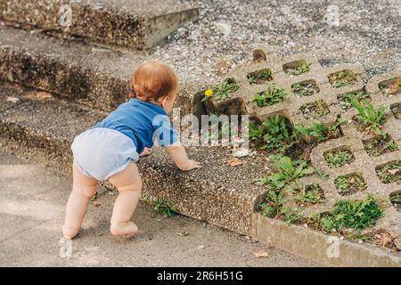 Adorable baby boy climbing up the stairs in the park, back view Stock Photo