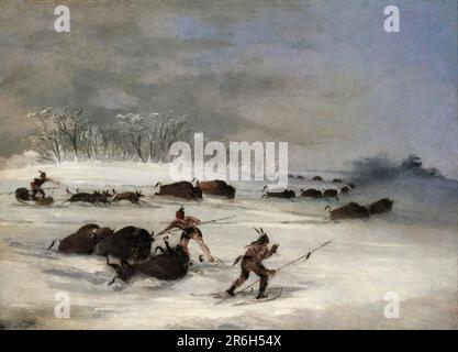 Sioux Indians on Snowshoes Lancing Buffalo. oil on canvas. Date: 1846-1848. Museum: Smithsonian American Art Museum. Stock Photo