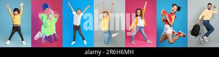 Collage with photos of people wearing trendy clothes and having fun on different color backgrounds Stock Photo