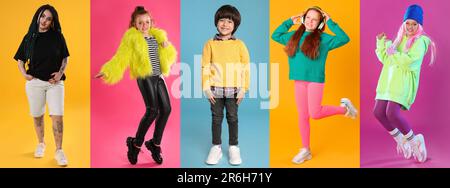 Collage with photos of people wearing trendy clothes on different color backgrounds Stock Photo