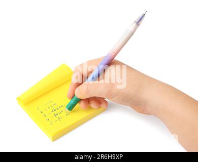 Child erasing word Five written with erasable pen on sticky note against white background, closeup Stock Photo