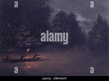 Deer Hunting by Torchlight in Bark Canoes. oil on canvas. Date: 1846-1848. Museum: Smithsonian American Art Museum. Stock Photo