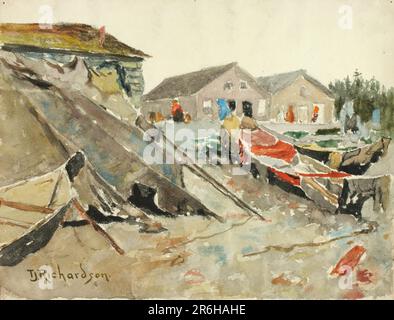 Drying Blankets over Canoes. watercolor on paper, mounted on colored paper. Date: ca. 1890-1914. Museum: Smithsonian American Art Museum. Stock Photo