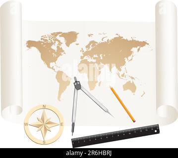 Measuring tools a compasses, a pencil and a ruler lie on a roll of paper with world map drawing Stock Vector
