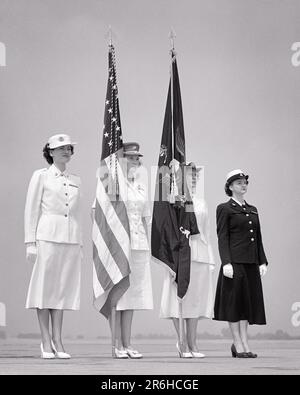 1950s US MILITARY COLOR GUARD COMPOSED OF FOUR WOMEN IN UNIFORMS OF ARMY MARINE CORPS COAST GUARD AND NAVY STANDING AT ATTENTION - m3764 HAR001 HARS B&W NORTH AMERICA FREEDOM NORTH AMERICAN MARINE ADVENTURE AND ATTENTION LEADERSHIP LOW ANGLE PRIDE OCCUPATIONS UNIFORMS CONCEPTUAL STARS AND STRIPES STYLISH COMPOSED OLD GLORY COOPERATION CORPS RED WHITE AND BLUE TOGETHERNESS YOUNG ADULT WOMAN BLACK AND WHITE CAUCASIAN ETHNICITY HAR001 OLD FASHIONED Stock Photo