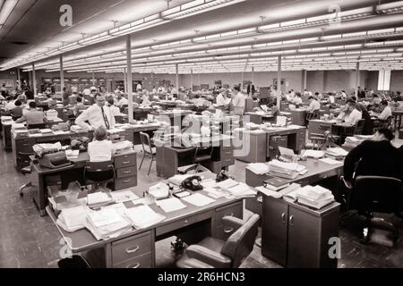 1950s LARGE OPEN AREA OFFICE WITH MANY DESKS FLUORESCENT LIGHTING PERHAPS A INSURANCE CLAIMS OFFICE OR NEWSROOM  - o1301 HAR001 HARS JOBS COPY SPACE HALF-LENGTH LADIES PERSONS MALES PILES B&W DESKS SKILL OCCUPATION DOCUMENTS SKILLS HIGH ANGLE TYPING INTERIORS CLERKS LABOR OFFICE WORKER AREA ASSISTANTS EMPLOYMENT OCCUPATIONS PHONES DATA ENTRY GAL FRIDAY TELEPHONES INTERIOR DESIGN SECRETARIES SUPPORT TYPISTS EMPLOYEE OR PAPER WORK AMANUENSIS CLAIMS COOPERATION EMPLOYEES FLUORESCENT KEY PUNCH MANAGERS OFFICE FURNITURE PERHAPS SUPERVISORS BLACK AND WHITE CAUCASIAN ETHNICITY CLERICAL HAR001 Stock Photo