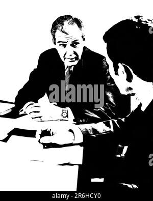 1960s SILHOUETTE TWO MEN IN A SERIOUS DISCUSSION AT DESK WITH SEVERAL PAPERS AND FOLDERS MATURE MAN LOOKING AT YOUNGER MAN  - o3133 HAR001 HARS MALES PROFESSION SILHOUETTES CONFIDENCE MIDDLE-AGED B&W OUTLINE MIDDLE-AGED MAN SUIT AND TIE MENTOR OCCUPATION HEAD AND SHOULDERS SILHOUETTED AND CAREERS LEADERSHIP REAR VIEW OPPORTUNITY FOLDERS MENTORING OCCUPATIONS CONNECTION CONCEPTUAL FROM BEHIND SINCERE SOLEMN AGE DIFFERENCE BACK VIEW FOCUSED INTENSE SEVERAL YOUNG ADULT MAN YOUNGER BLACK AND WHITE CAREFUL CAUCASIAN ETHNICITY EARNEST HAR001 INTENT OLD FASHIONED POSTERIZED Stock Photo