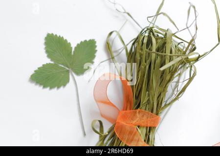 Craft. Packaging. A skein of natural green rope with an orange ribbon on a white background. Green strawberry leaf. The concept of an organic environm Stock Photo