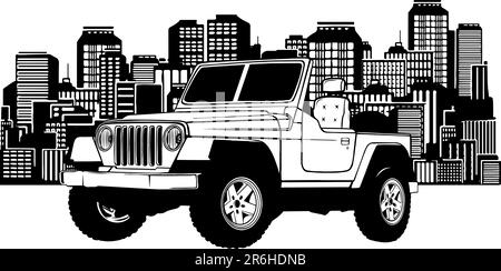 Monochrome of a jeep in front of a big city silhouette, flat style illustration Stock Vector