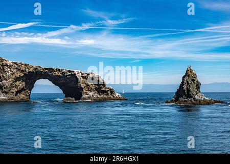 Views of Arch Rock on Anacapa Island from a boat in Channel Islands National Park Stock Photo