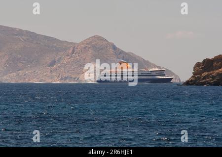 Ios, Greece - May 16, 2021 : View of a Ferry boat approaching the port of Ios Greece Stock Photo