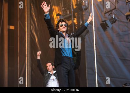 June 9, 2023: Alex Turner, Jamie Cook, Nick O'Malley, and Matt Helders of the Arctic Monkeys perform a sold out show in Hillsborough Park, June 2023. This is the first of two nights the band will be playing as part of their 2023 Summer UK tour. (Credit Image: © Myles Wright/ZUMA Press Wire) EDITORIAL USAGE ONLY! Not for Commercial USAGE! Stock Photo